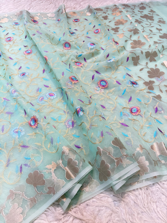 Turquoise kora organza  embroidery Banarasi saree