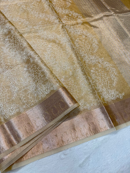 Antique Gold shade tissue kota designer embroidery premium Banarasi saree