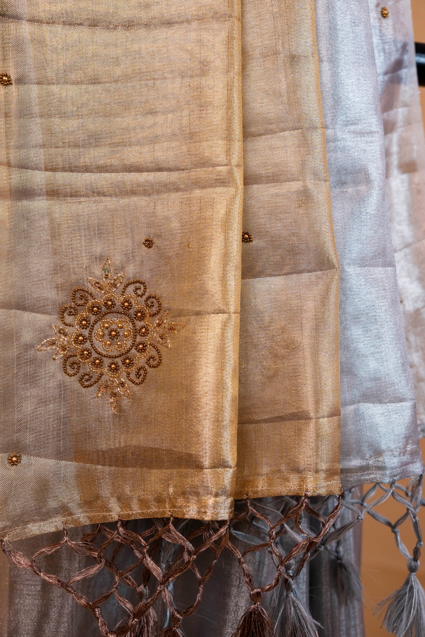 Gold silver tissue half half  tissue designer hand work Banarasi saree