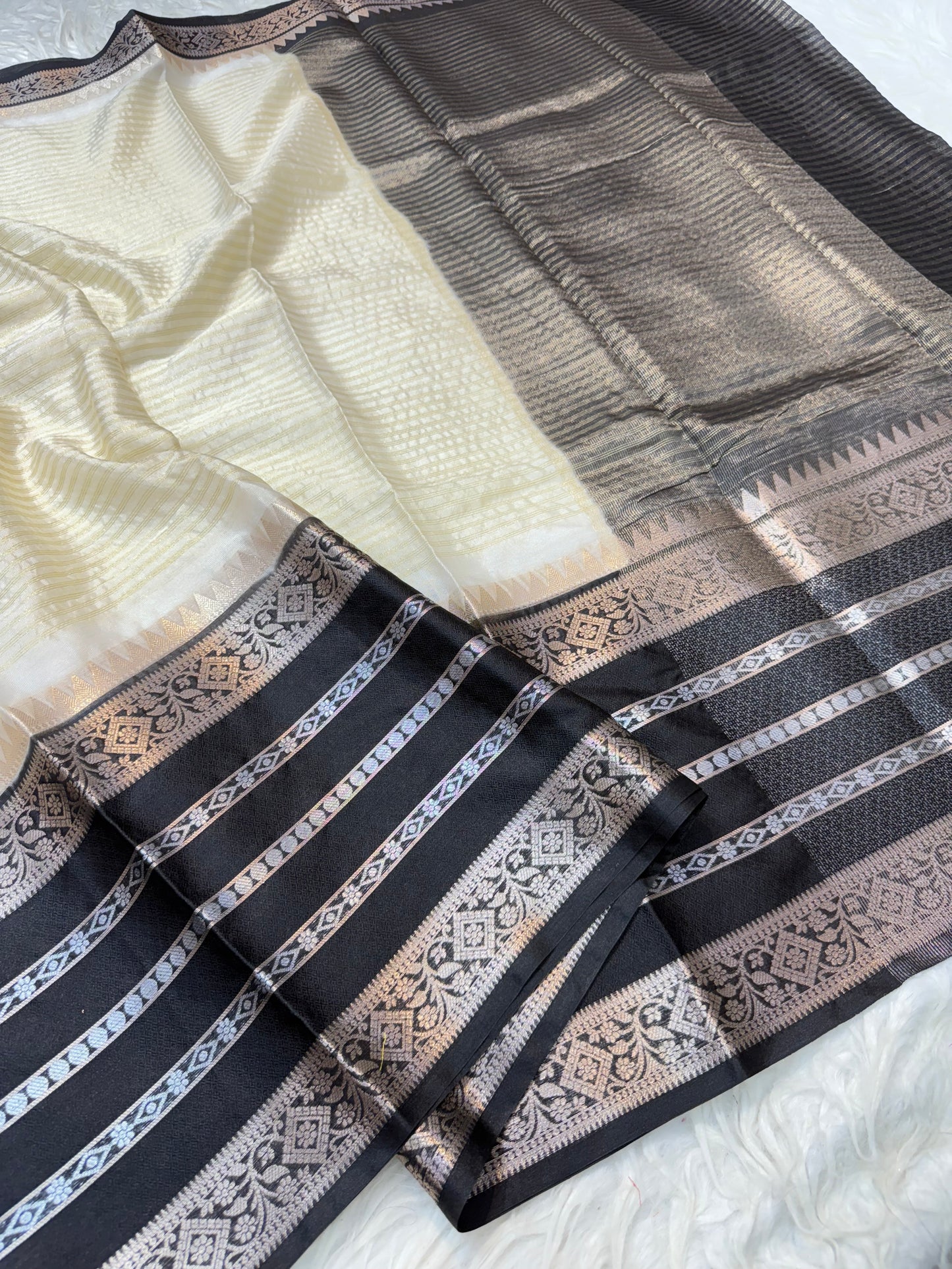 Off white black warm silk premium Banarasi saree