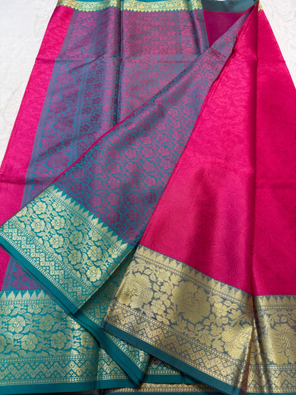 Royal pink sea green shade kora silk premium Banarasi saree