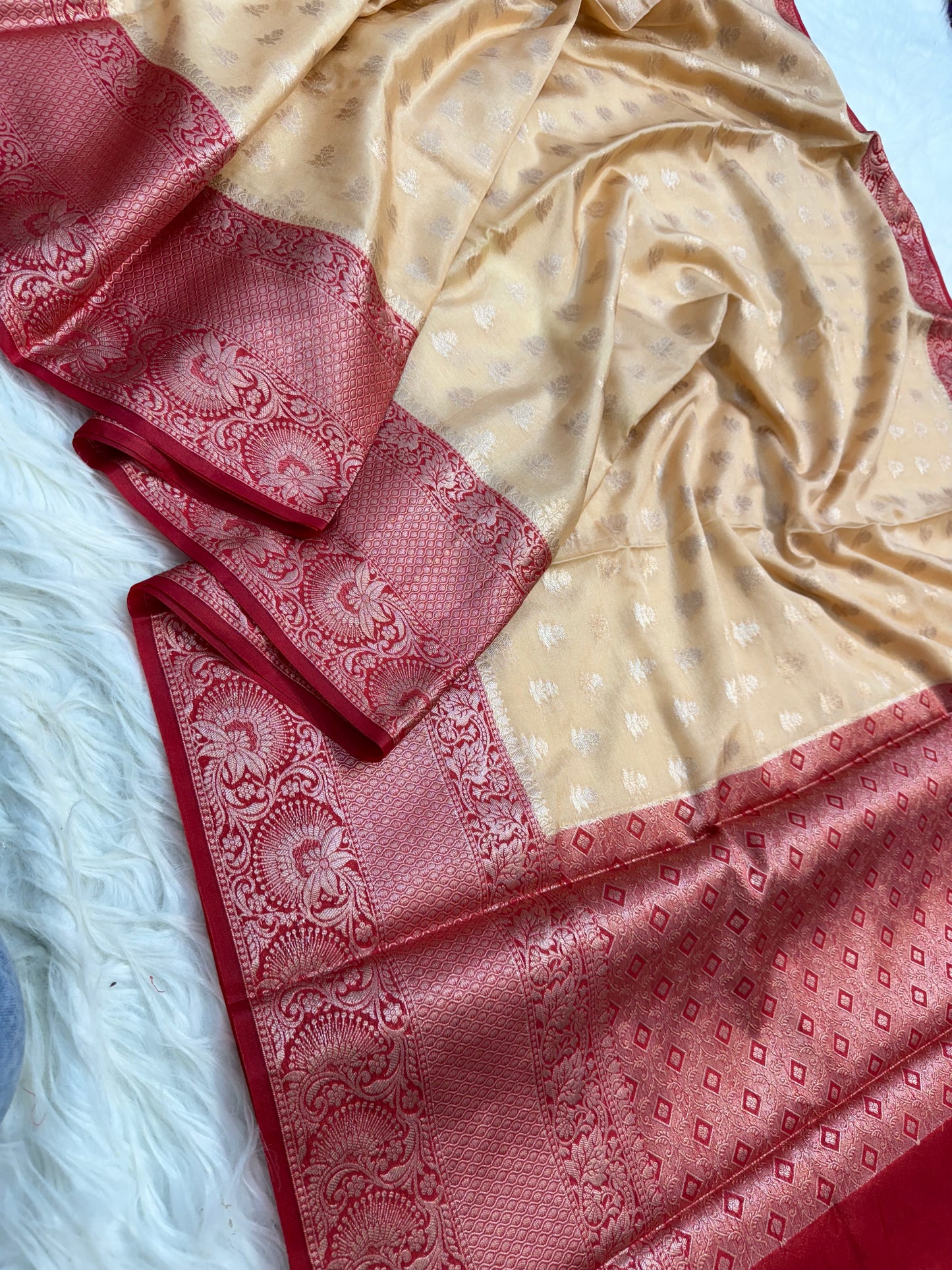 Beige red warm silk premium Banarasi saree