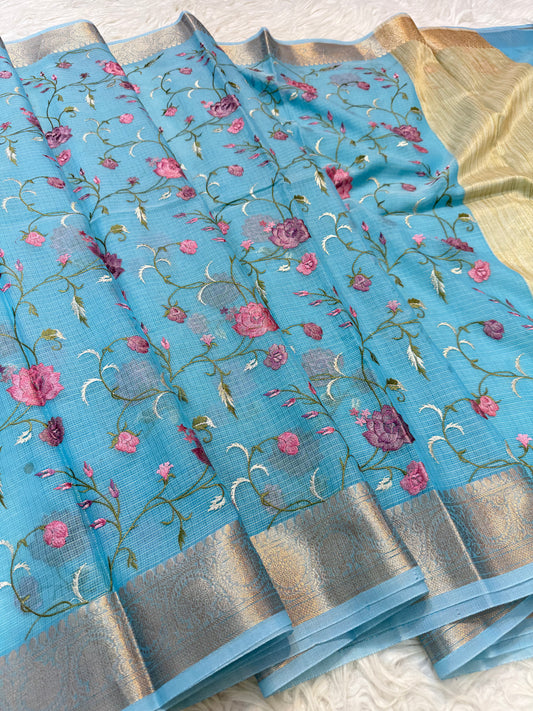 Sky blue shade kota  embroidery Banarasi saree