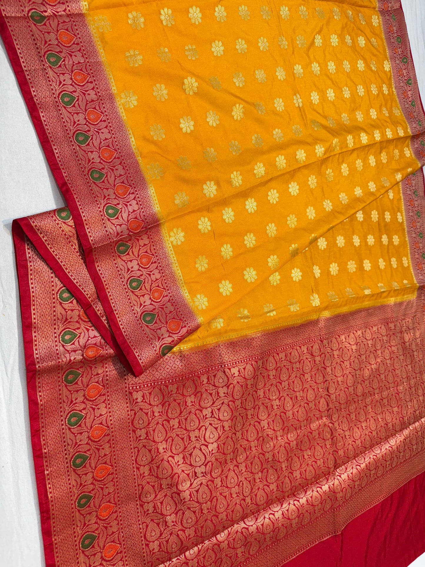 Mango & red shade  Dupion Silk premium Banarasi Saree