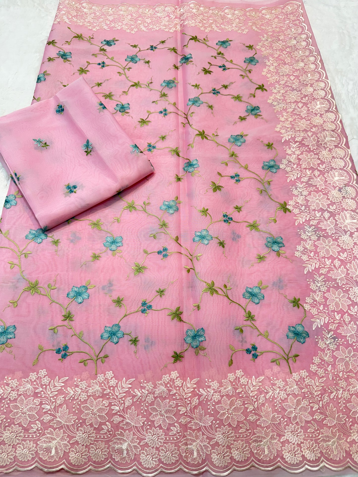 Pink shade organza designer cutwork premium embroidery Banarasi saree
