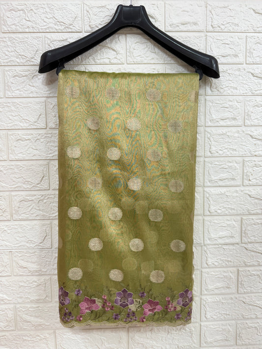 Pista green tissue cutwork embroidery premium designer Banarasi saree