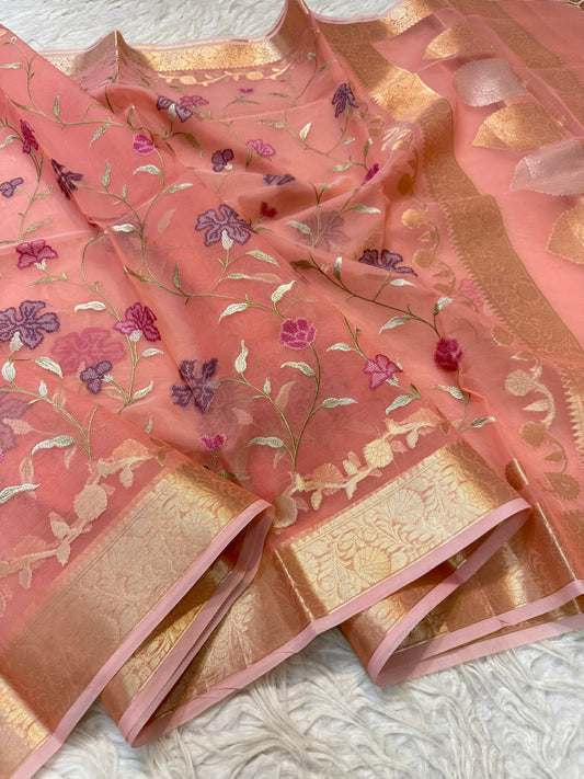 Peach shade  kora organza embroidery Banarasi saree