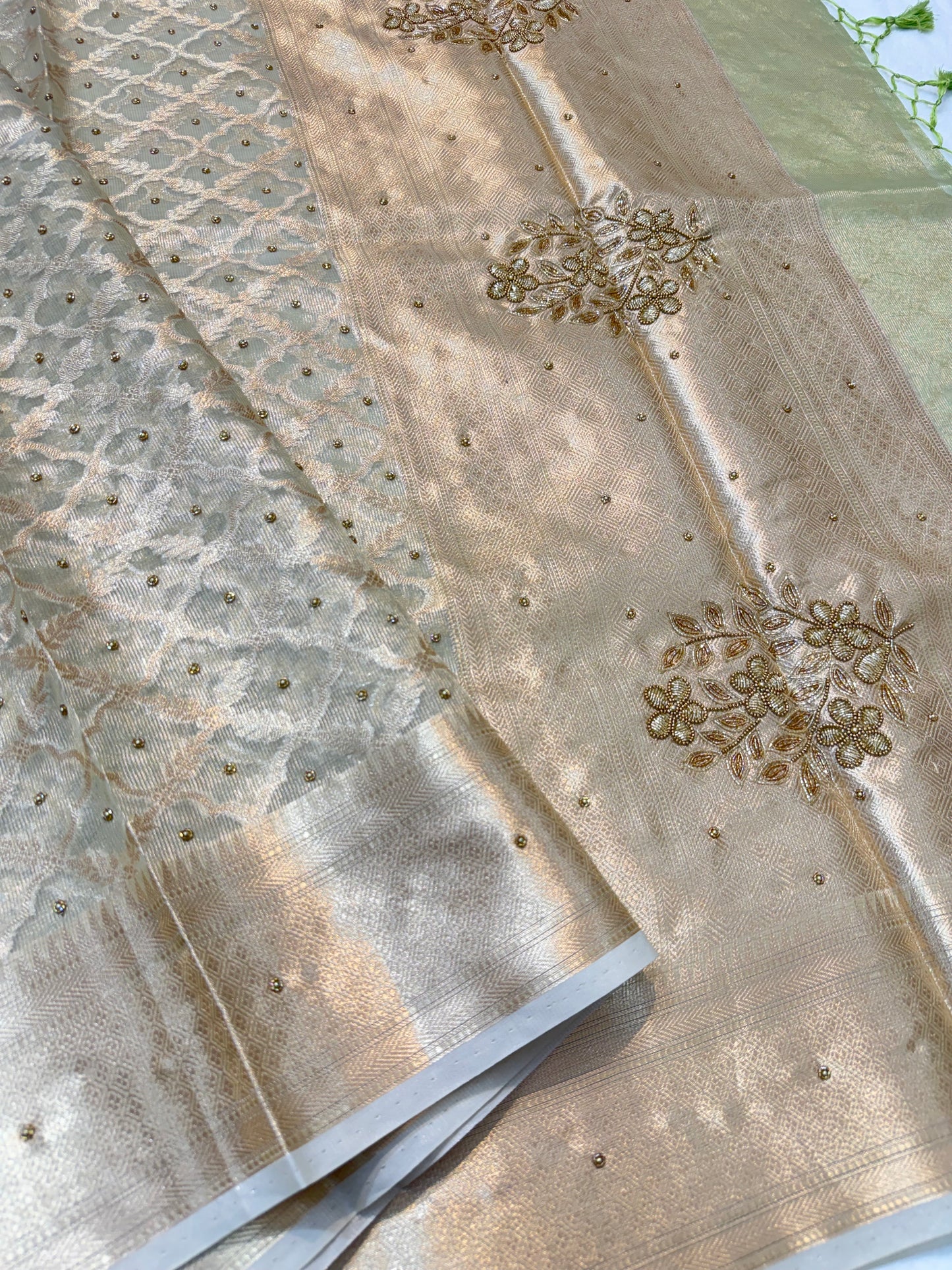 Pista green shade tissue kota designer handwork premium Banarasi saree