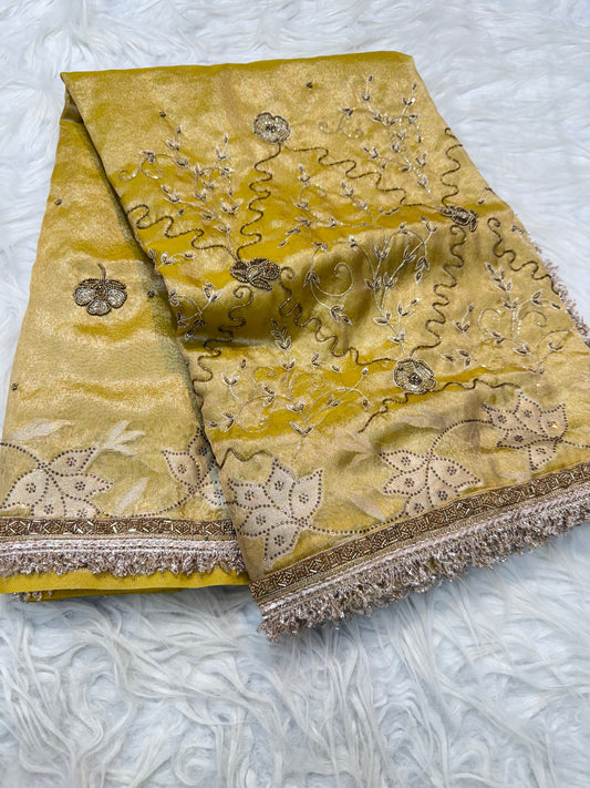 Yellow shade tissue ari & zardosi work designer premium Banarasi saree