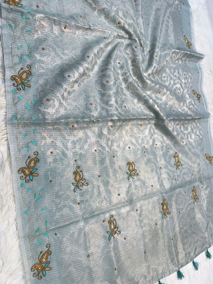 Sea green shade tissue kota zardosi work premium Banarasi saree
