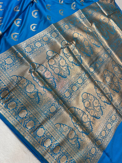 German blue shade satan katan premium Banarasi silk Saree