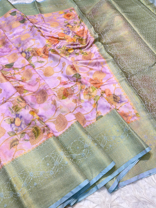 Powder blue & multicolour Dupion silk digital print Banarasi saree