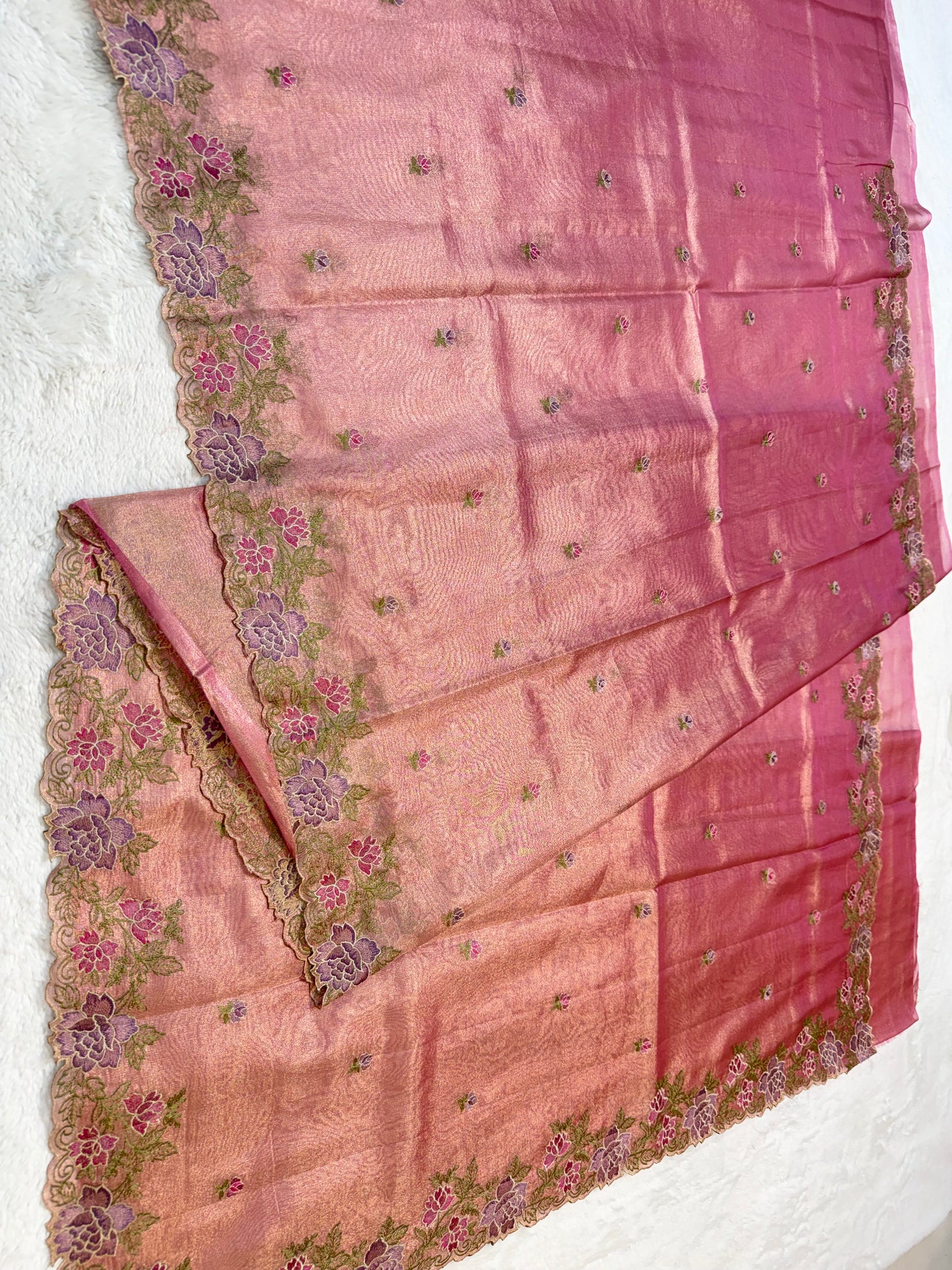 Pink shade tissue cutwork embroidery premium designer Banarasi saree