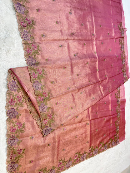 Pink shade tissue cutwork embroidery premium designer Banarasi saree