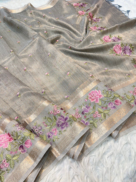 Greay shade tissue linen designer embroidery premium Banarasi saree