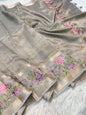 Greay shade tissue linen designer embroidery premium Banarasi saree