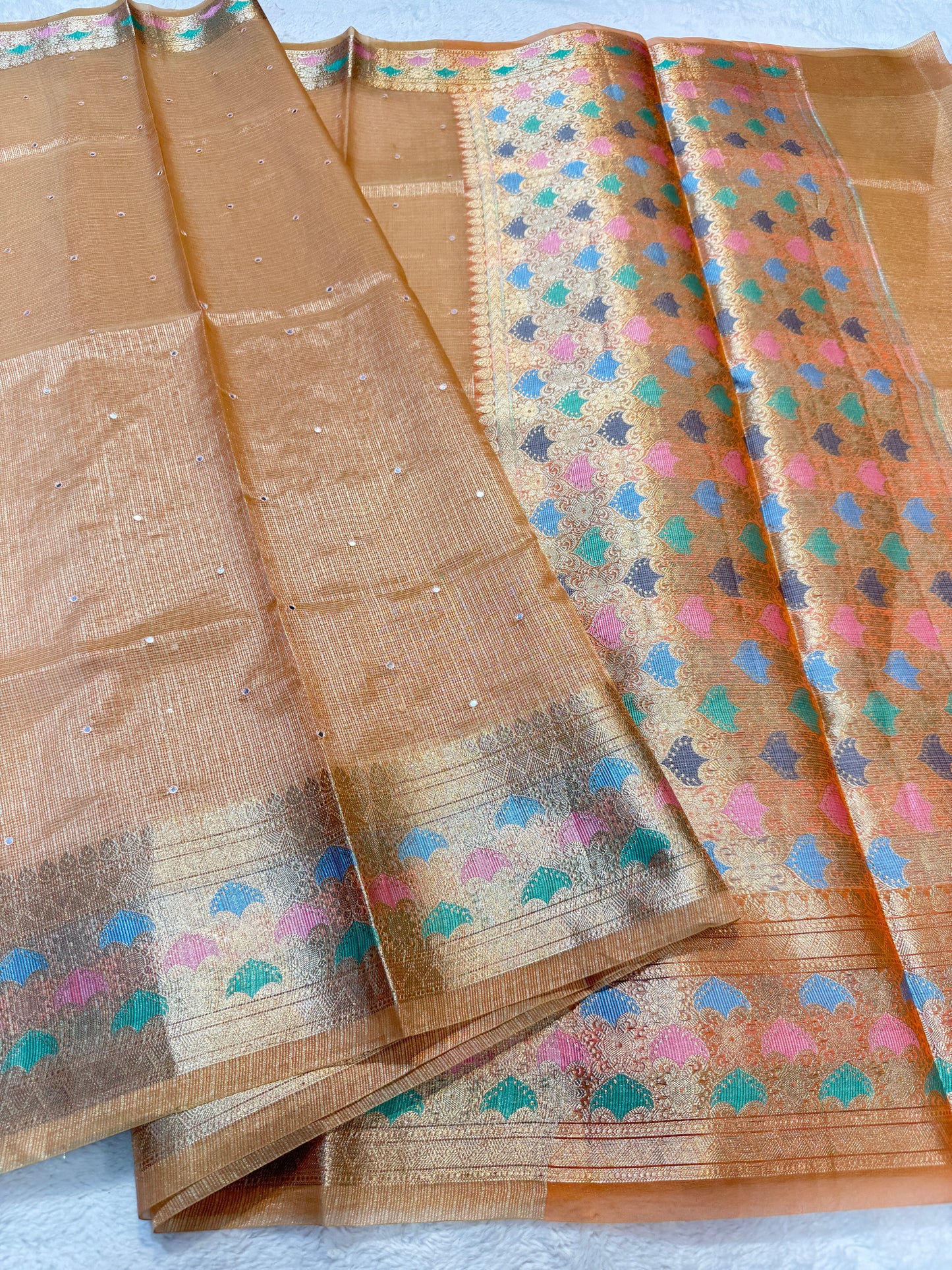 Bronze shade tissue kota mirror work premium Banarasi saree
