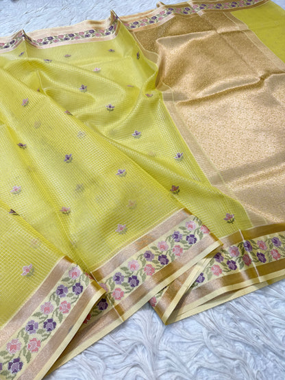 Mustard shade kora organza  embroidery Banarasi saree