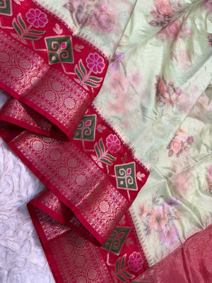 Pista green red Contrast Kora Organza Digital Print Banarasi saree