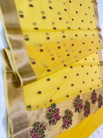 Yellow shade cotton kota embroidery Banarasi saree