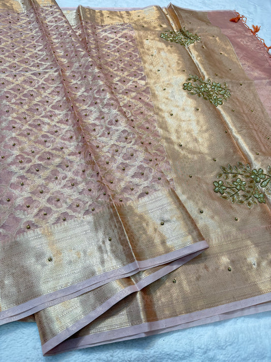 Peach shade tissue kota designer handwork premium Banarasi saree