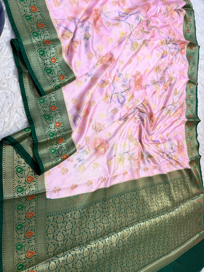 Pink & multicolour Dupion silk digital print Banarasi saree