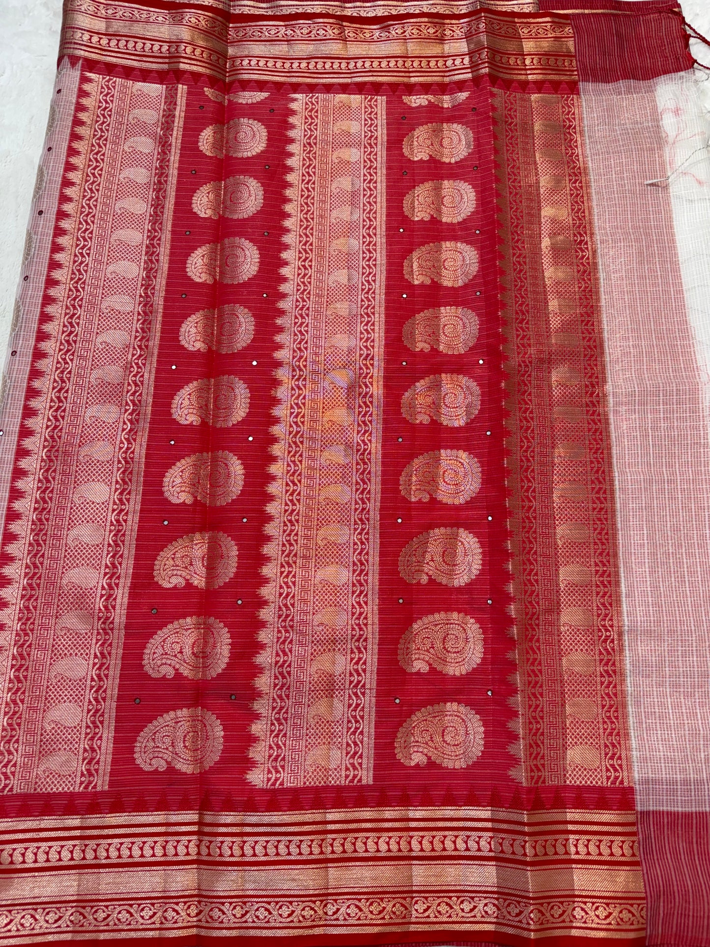 White & red kota mirror work premium Banarasi saree