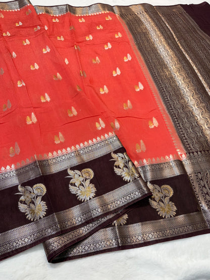 Cherry & wine shade raw mango Banarasi premium Banarasi saree