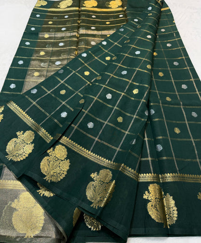 Bottle green shade raw mango  premium Banarasi saree