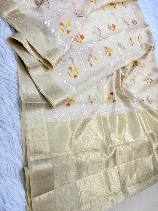 Off white shade supernet embroidery  Banarasi saree