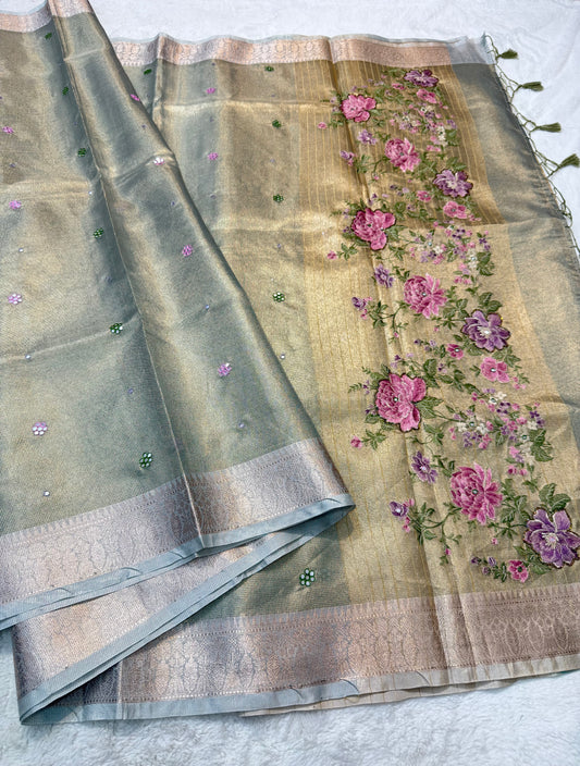Light slate blue shade kota tissue kota designer embroidery handwork premium Banarasi saree