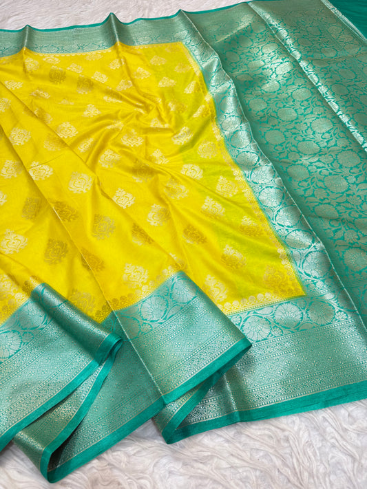 yellow & sea green shade Dupinon silk Banarasi saree