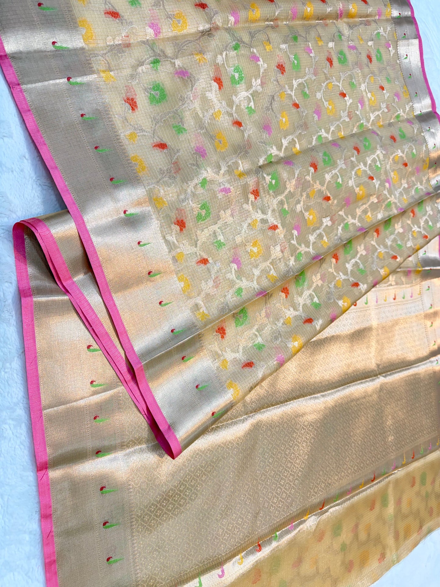 Beige & multicolour shade tissue kota premium paithani border designer banarasi saree