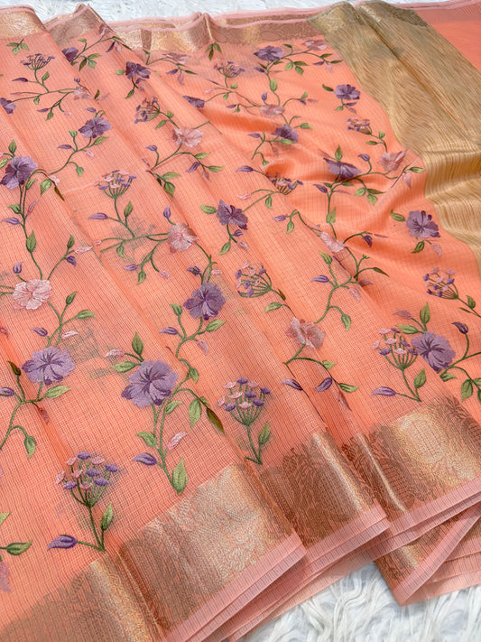 Peach shade kota  embroidery Banarasi saree
