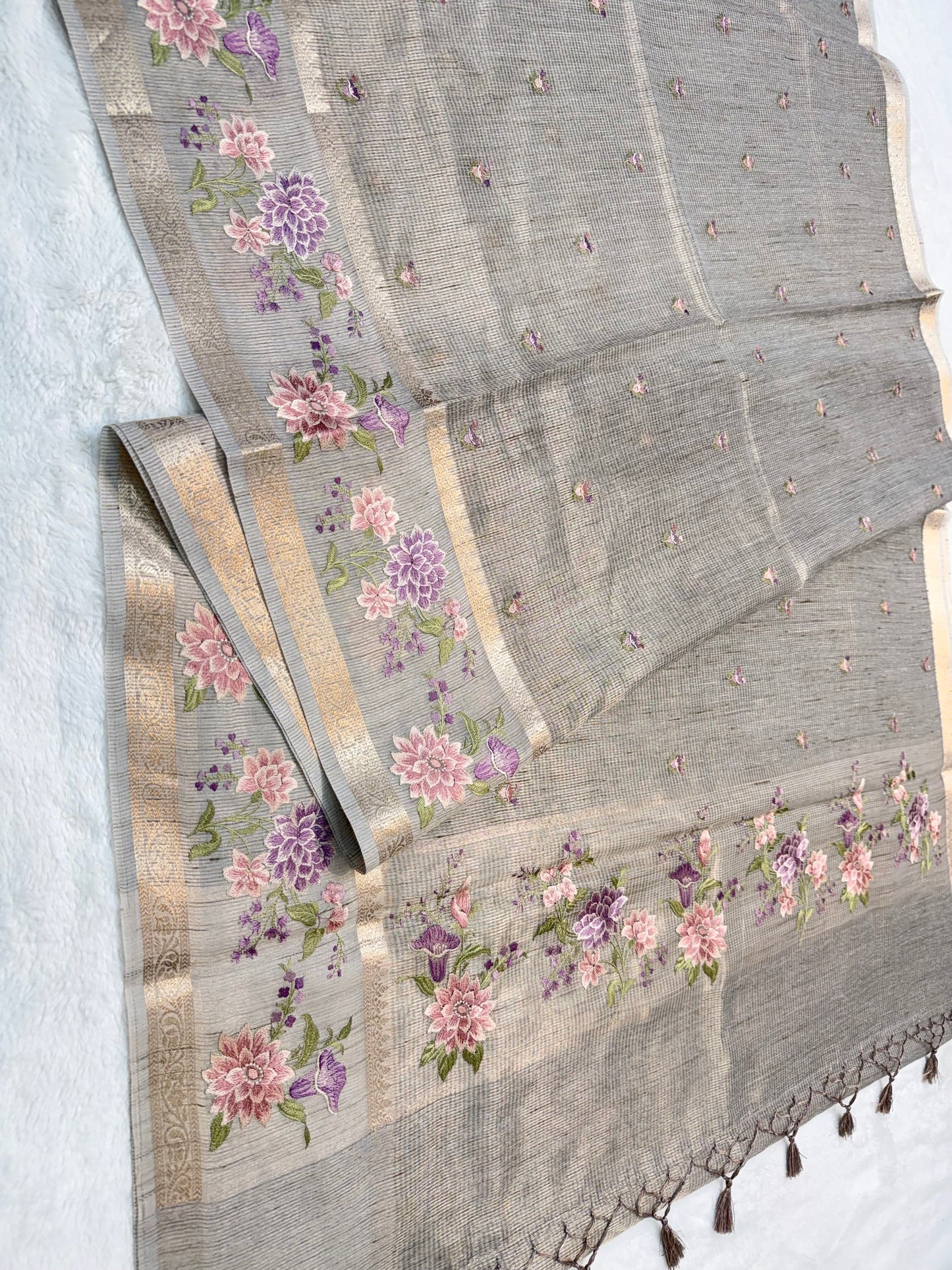 Greay shade tissue linen designer embroidery premium Banarasi saree
