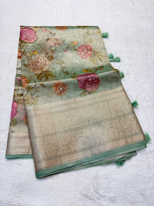 multicolour tissue silk digital print handwork premium Banarasi saree