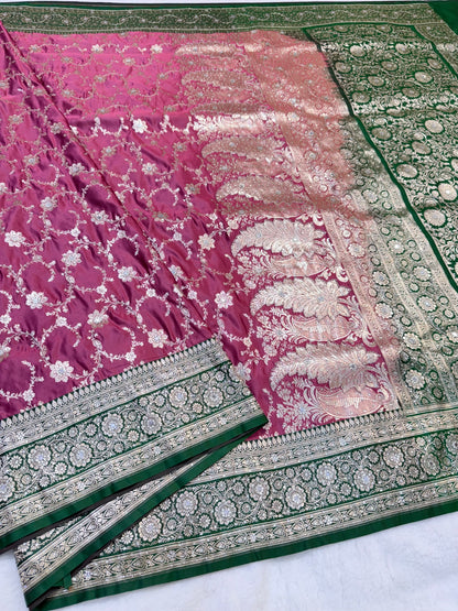 Royal pink & bottle green shade Bridal Satan katan ari & stone work Banarasi silk Saree