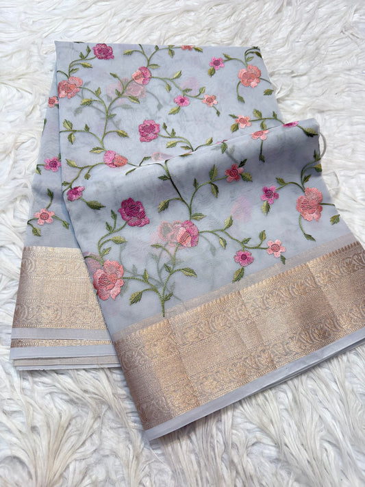 Grey organza embroidery Banarasi saree