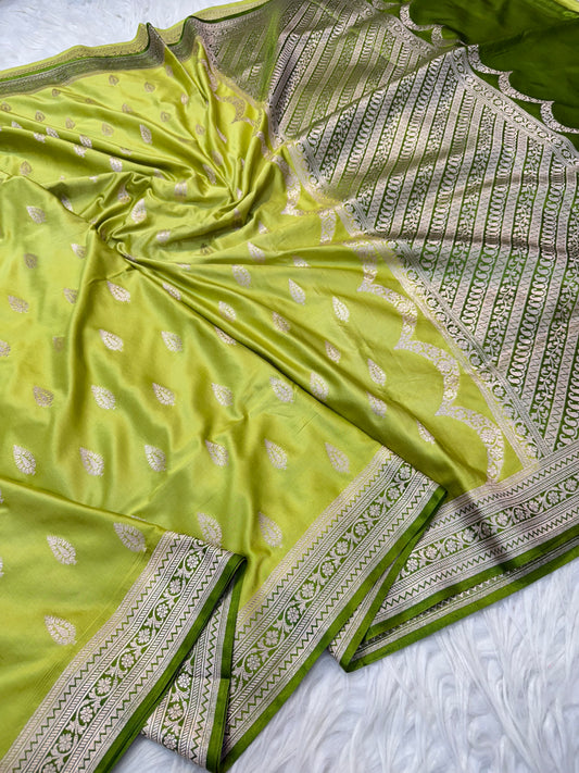 Pista green & mehendi shade premium mashru katan Banarasi saree