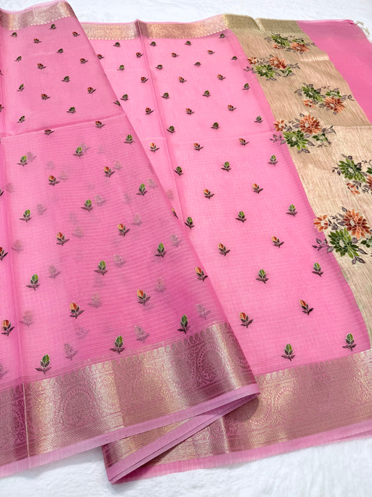Pink shade cotton kota embroidery Banarasi saree