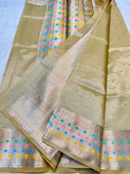 Beige shade tissue kota mirror work premium Banarasi saree