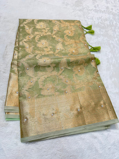 Pista green shade tissue kota designer handwork premium Banarasi saree