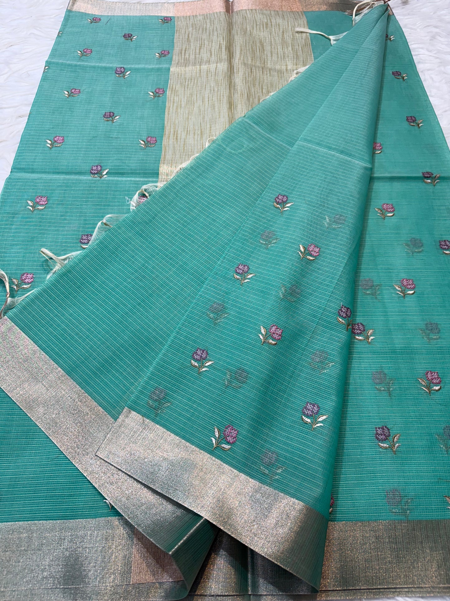 Sea green shade cotton kota embroidery Banarasi saree