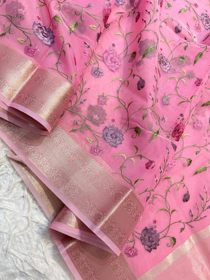 Pink shade organza embroidery Banarasi saree