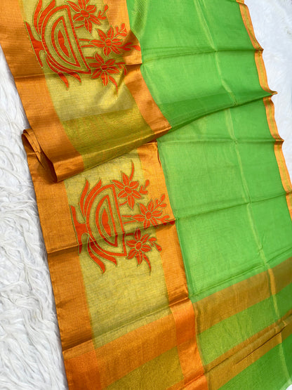 Green bronze shade tissue appliqué work primum Banarasi saree