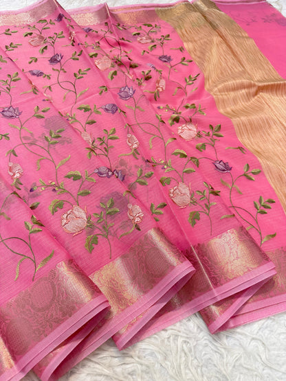 Pink shade cotton kota embroidery Banarasi saree