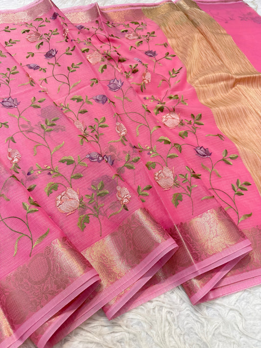 Pink shade cotton kota embroidery Banarasi saree