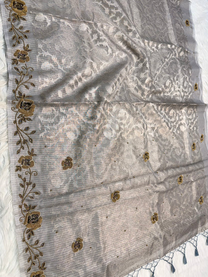 Grey shade tissue kota zardosi work Banarasi saree