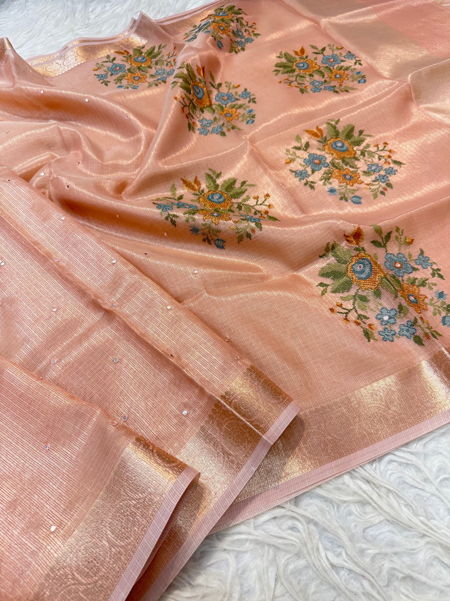Peach shade tissue kota embroidery mirror work premium Banarasi saree
