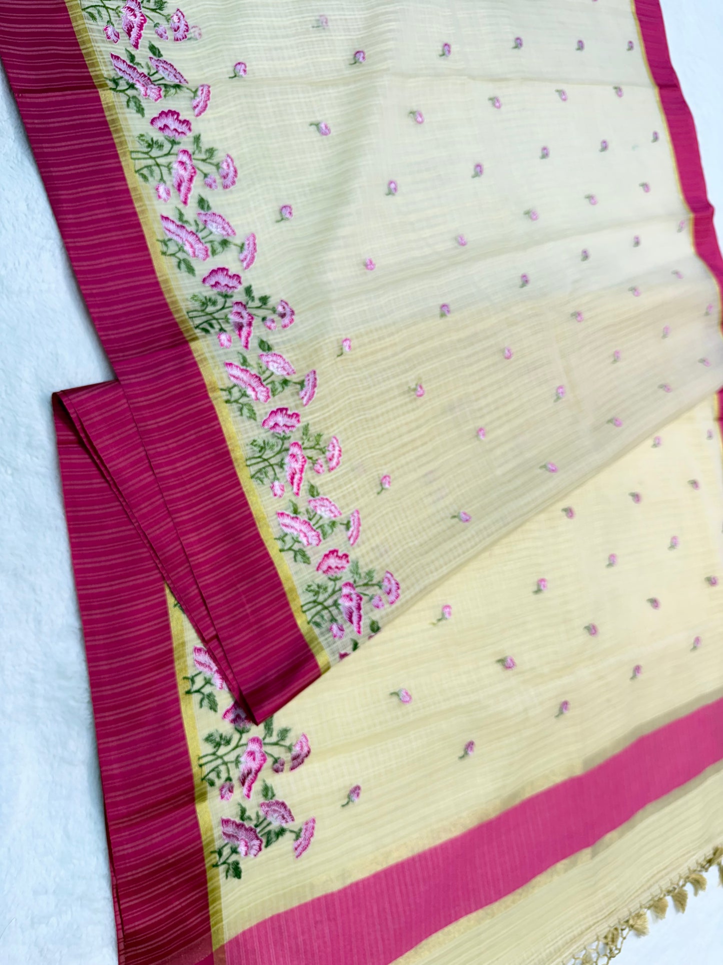 Beige royal pink shade kota embroidery Banarasi saree
